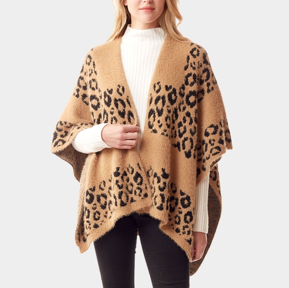 Beige Leopard Print Shawl Scarf Open Front Poncho Sweater Cape Womens Wrap Black - Picture 1 of 4